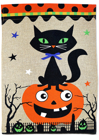 Black Kitty with Pumpkin Burlap - Halloween Fall Vertical Applique Decorative Flags HGE80038 Imported