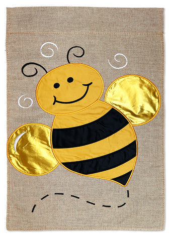 Happy Honey Bee Burlap - Bugs & Frogs Garden Friends Vertical Applique Decorative Flags HGE80357 Imported