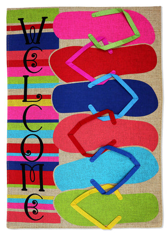 Welcome Flip Flop Burlap - Beach Coastal Vertical Applique Decorative Flags HGE80484 Imported