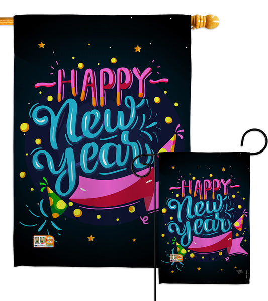 Popping Happy New Year - New Year Winter Vertical Impressions Decorative Flags HG116010 Made In USA