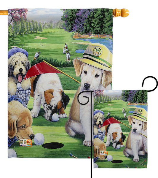 Golfing Puppies - Pets Nature Vertical Impressions Decorative Flags HG110082 Made In USA