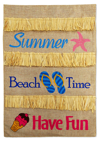 Summer Beach Time Burlap - Beach Coastal Vertical Applique Decorative Flags HGE80001 Imported