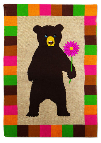 Spring Bear with Flower - Wildlife Nature Vertical Applique Decorative Flags HGE80005 Imported