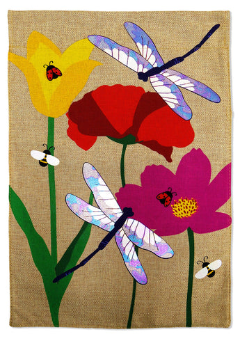 Drangonflies Playful with Friends Burlap - Bugs & Frogs Garden Friends Vertical Applique Decorative Flags HGE80011 Imported
