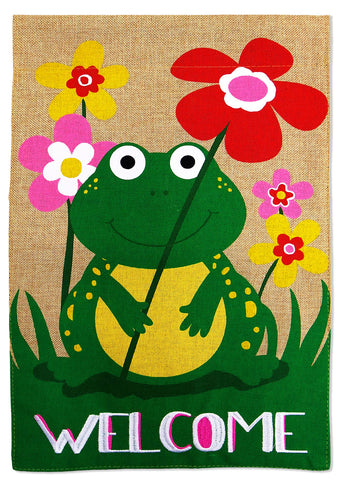 Welcome Frog with Flower Burlap - Bugs & Frogs Garden Friends Vertical Applique Decorative Flags HGE80012 Imported