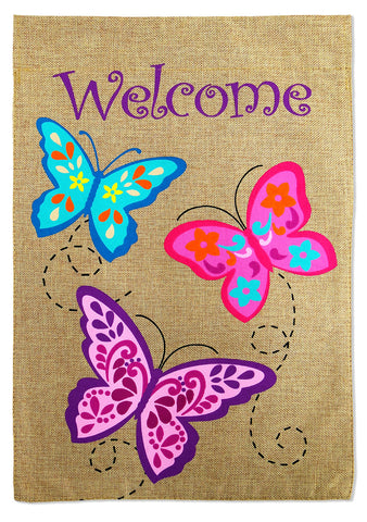 Welcome Butterflies Heaven Burlap - Bugs & Frogs Garden Friends Vertical Applique Decorative Flags HGE80014 Imported