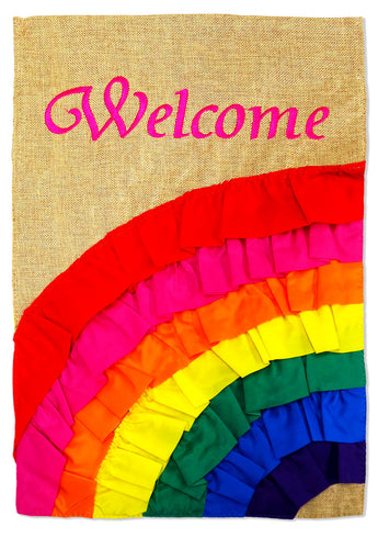 Welcome Rainbow Ruffles Burlap - Floral Spring Vertical Applique Decorative Flags HGE80017 Imported