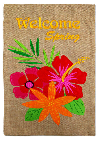Welcome Tropical Flower - Floral Spring Vertical Applique Decorative Flags HGE80018 Imported