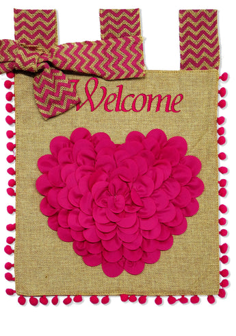 Welcome Sweet Heart Ruffles Burlap - Valentines Spring Vertical Applique Decorative Flags HGE80027 Imported