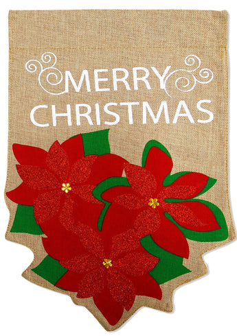 Poinsettia Merry Christmas Burlap - Christmas Winter Vertical Applique Decorative Flags HGE80033 Imported