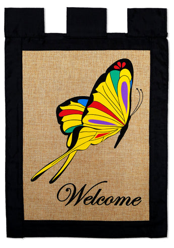 Welcome Butterfly Burlap - Bugs & Frogs Garden Friends Vertical Applique Decorative Flags HGE80035 Imported