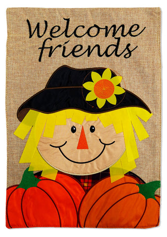 Scarecrow Welcome Friends - Harvest & Autumn Fall Vertical Applique Decorative Flags HGE80045 Imported