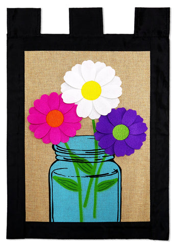 Daisys Mansion Jar Burlap - Floral Spring Vertical Applique Decorative Flags HGE80047 Imported