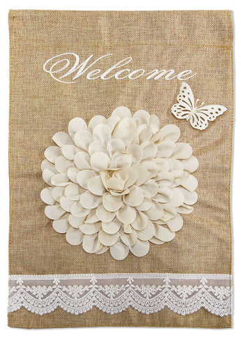 Cute White Ruffles Flower Burlap - Floral Spring Vertical Applique Decorative Flags HGE80051 Imported