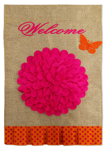 Cute Pink Ruffles Flower Burlap - Floral Spring Vertical Applique Decorative Flags HGE80052 Imported