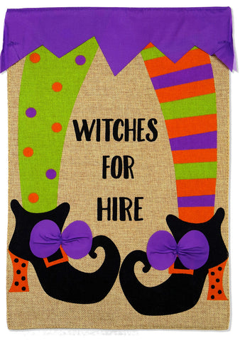 Witches for Hire Burlap - Halloween Fall Vertical Applique Decorative Flags HGE80056 Imported