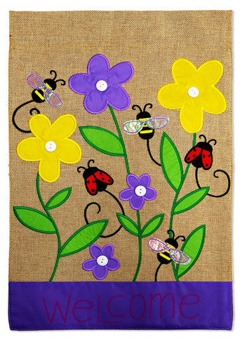Welcome Bees and Ladybugs - Bugs & Frogs Garden Friends Vertical Applique Decorative Flags HGE80057 Imported