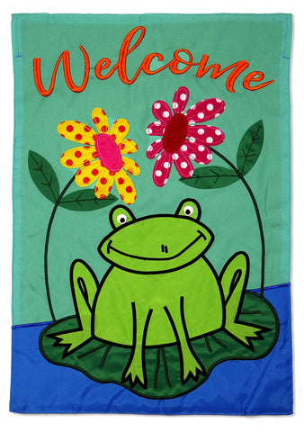 Welcome Frog - Bugs & Frogs Garden Friends Vertical Applique Decorative Flags HGE80074 Imported
