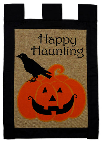 Happy Haunting Pumpkin Burlap - Halloween Fall Vertical Applique Decorative Flags HGE80071 Imported