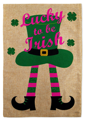 St Patty Luck Hat Burlap - St Patrick Spring Vertical Applique Decorative Flags HGE80094 Imported