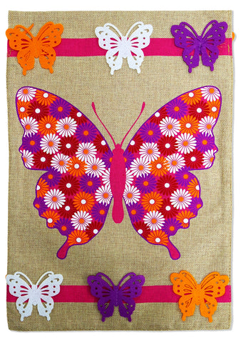 Pink Floral Butterflies Burlap - Bugs & Frogs Garden Friends Vertical Applique Decorative Flags HGE80185 Imported