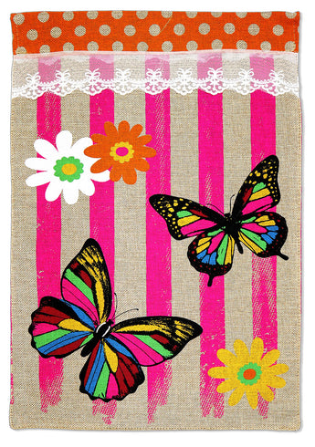 Colorful Lace Butterflies Burlap - Bugs & Frogs Garden Friends Vertical Applique Decorative Flags HGE80186 Imported