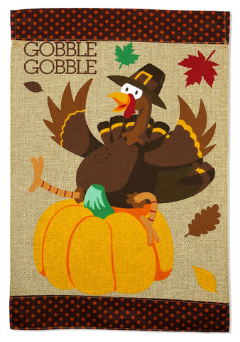 Gobble Gobble Turkey Burlap - Thanksgiving Fall Vertical Applique Decorative Flags HGE80238 Imported