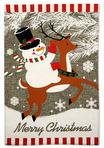 Snowman Ridding Reindeer Burlap - Christmas Winter Vertical Applique Decorative Flags HGE80239 Imported