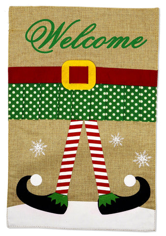Welcome Christmas Elf Burlap - Christmas Winter Vertical Applique Decorative Flags HGE80254 Imported