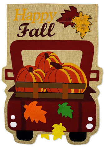 Happy Fall Pickup Burlap - Harvest & Autumn Fall Vertical Applique Decorative Flags HGE80255 Imported