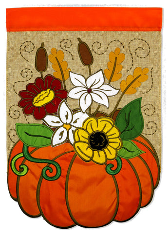 Pumpkin Floral Burlap Applique Burlap - Harvest & Autumn Fall Vertical Applique Decorative Flags HGE80336 Imported