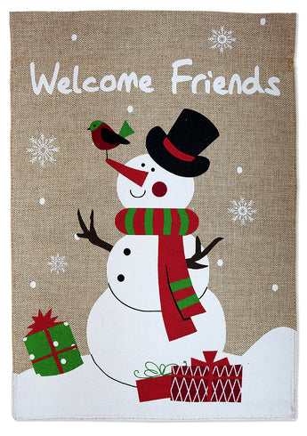 Welcome Friends Snowman Burlap - Winter Wonderland Winter Vertical Applique Decorative Flags HGE80339 Imported