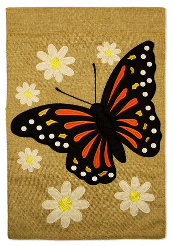 Butterfly With Daisies Burlap - Bugs & Frogs Garden Friends Vertical Applique Decorative Flags HGE80344 Imported