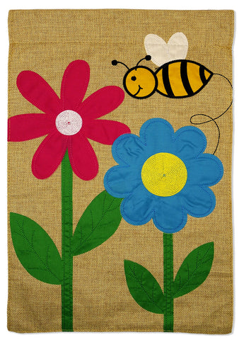 Flowers And Bee Burlap - Bugs & Frogs Garden Friends Vertical Applique Decorative Flags HGE80351 Imported
