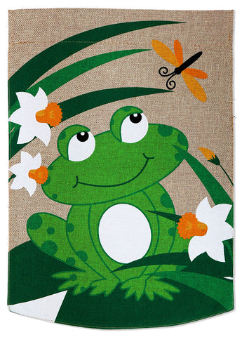Happy Frog Burlap - Bugs & Frogs Garden Friends Vertical Applique Decorative Flags HGE80355 Imported