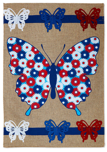 Patriotic Butterflies Burlap - Floral Spring Vertical Applique Decorative Flags HGE80382 Imported