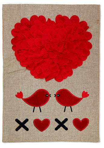 Love Birds Burlap - Valentines Spring Vertical Applique Decorative Flags HGE80387 Imported