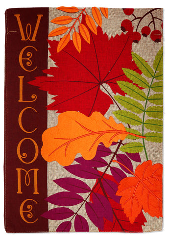 Welcome Leaves Burlap - Harvest & Autumn Fall Vertical Applique Decorative Flags HGE80392 Imported
