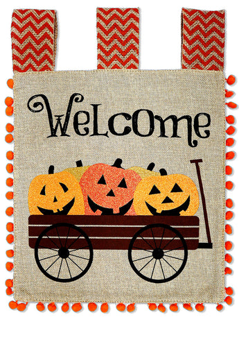 Pumpkin Wagon Burlap - Halloween Fall Vertical Applique Decorative Flags HGE80398 Imported
