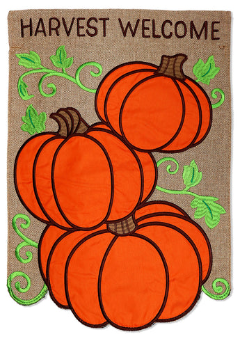 Welcome Harvest Burlap - Harvest & Autumn Fall Vertical Applique Decorative Flags HGE80414 Imported