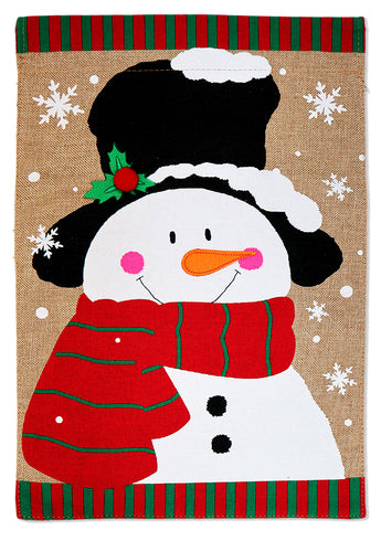 Smile Snowman with Red Scarf  Burlap - Christmas Winter Vertical Applique Decorative Flags HGE80417 Imported