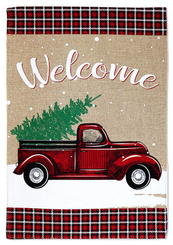 Welcome Christmas Red Truck Burlap - Christmas Winter Vertical Applique Decorative Flags HGE80458 Imported
