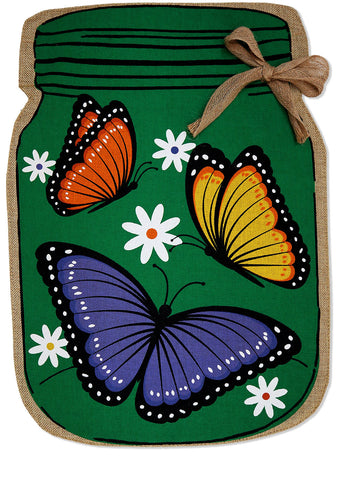 Butterfly Jar Burlap - Bugs & Frogs Garden Friends Vertical Applique Decorative Flags HGE80483 Imported