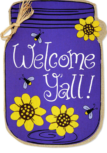Welcome Yall Jar Burlap - Bugs & Frogs Garden Friends Vertical Applique Decorative Flags HGE80497 Imported