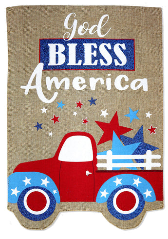 God Bless America Burlap - Patriotic Americana Vertical Applique Decorative Flags HGE80502 Imported