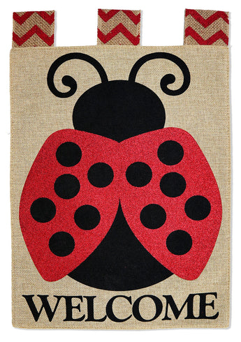 Welcome Ladybug Burlap - Bugs & Frogs Garden Friends Vertical Applique Decorative Flags HGE80523 Imported