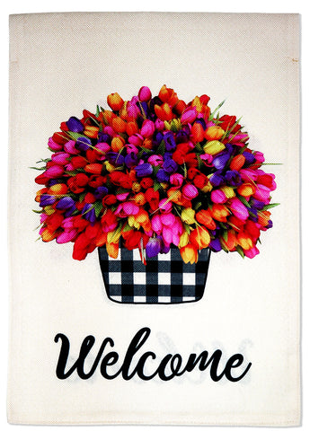 Welcome Tulips Burlap - Floral Spring Vertical Applique Decorative Flags HGE80529 Imported