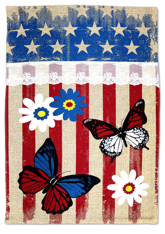 Patriotic Butterflies Burlap - Patriotic Americana Vertical Applique Decorative Flags HGE80544 Imported