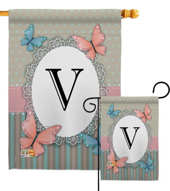 Butterflies V Initial - Bugs & Frogs Garden Friends Vertical Impressions Decorative Flags HG130152 Made In USA