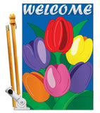 Welcome Tulips - Floral Spring Vertical Applique Decorative Flags HG104061